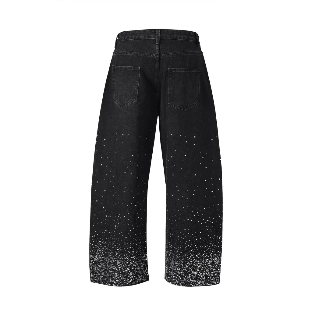 Blue loose-fit wide-leg high street trousers showing waist sizes 30-36 with pullover styling