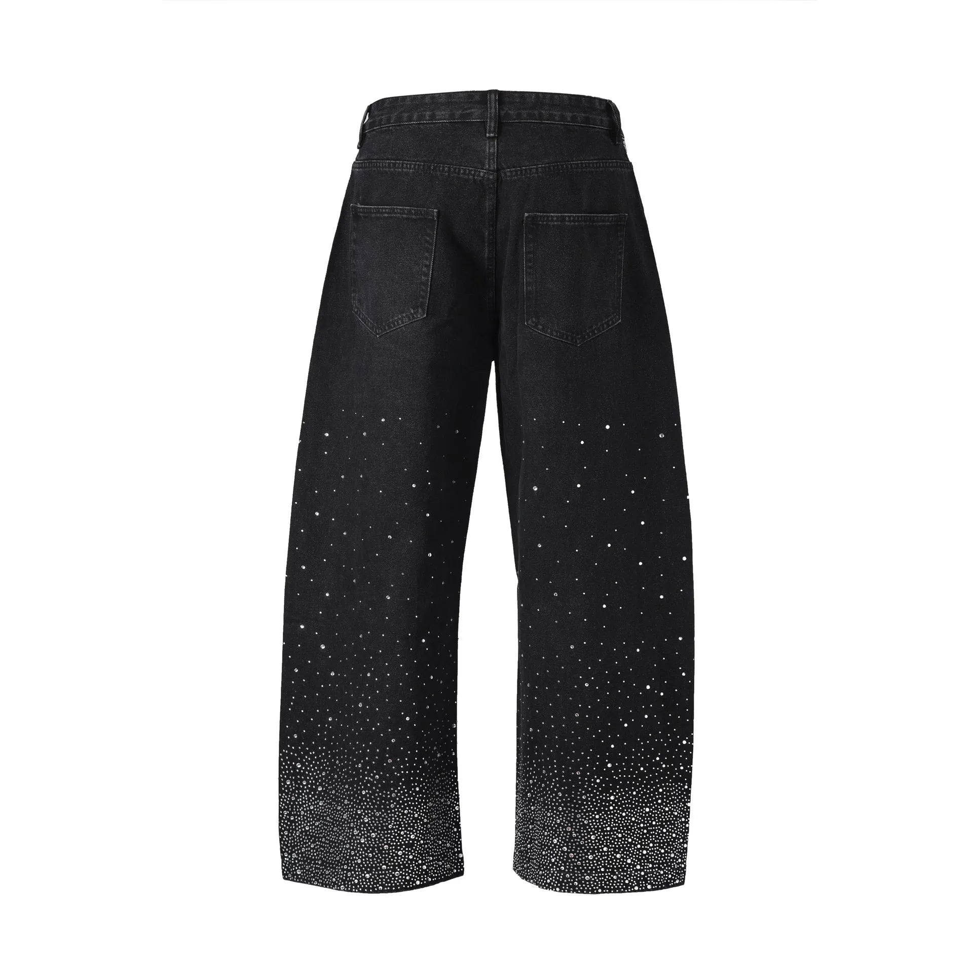 Blue loose-fit wide-leg high street trousers showing waist sizes 30-36 with pullover styling