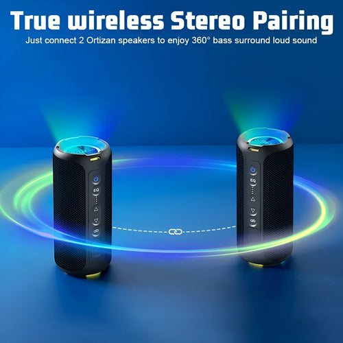 Black and blue 40W wireless Bluetooth fabric speaker with lighting effects showing front view