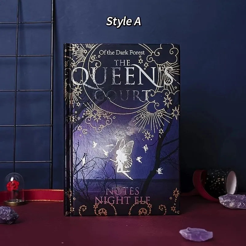 A5 luminous hardcover notebook with retro night elves design, showing blue and purple colour options.