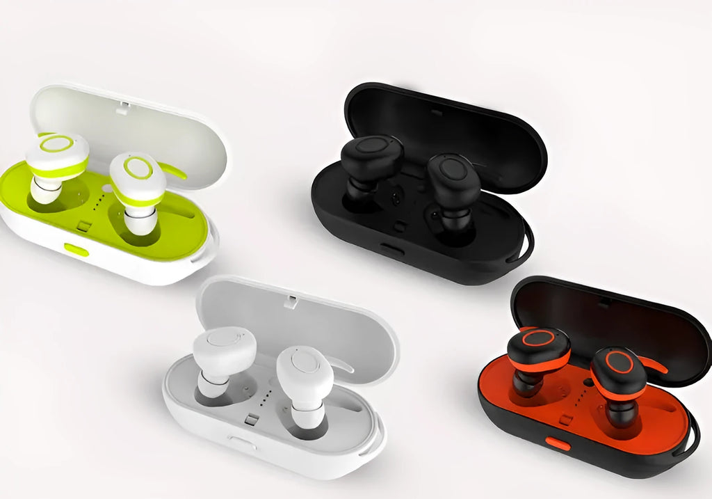CSR Bluetooth wireless sports earbuds in black, green, red, and white colours showing in-ear TWS design