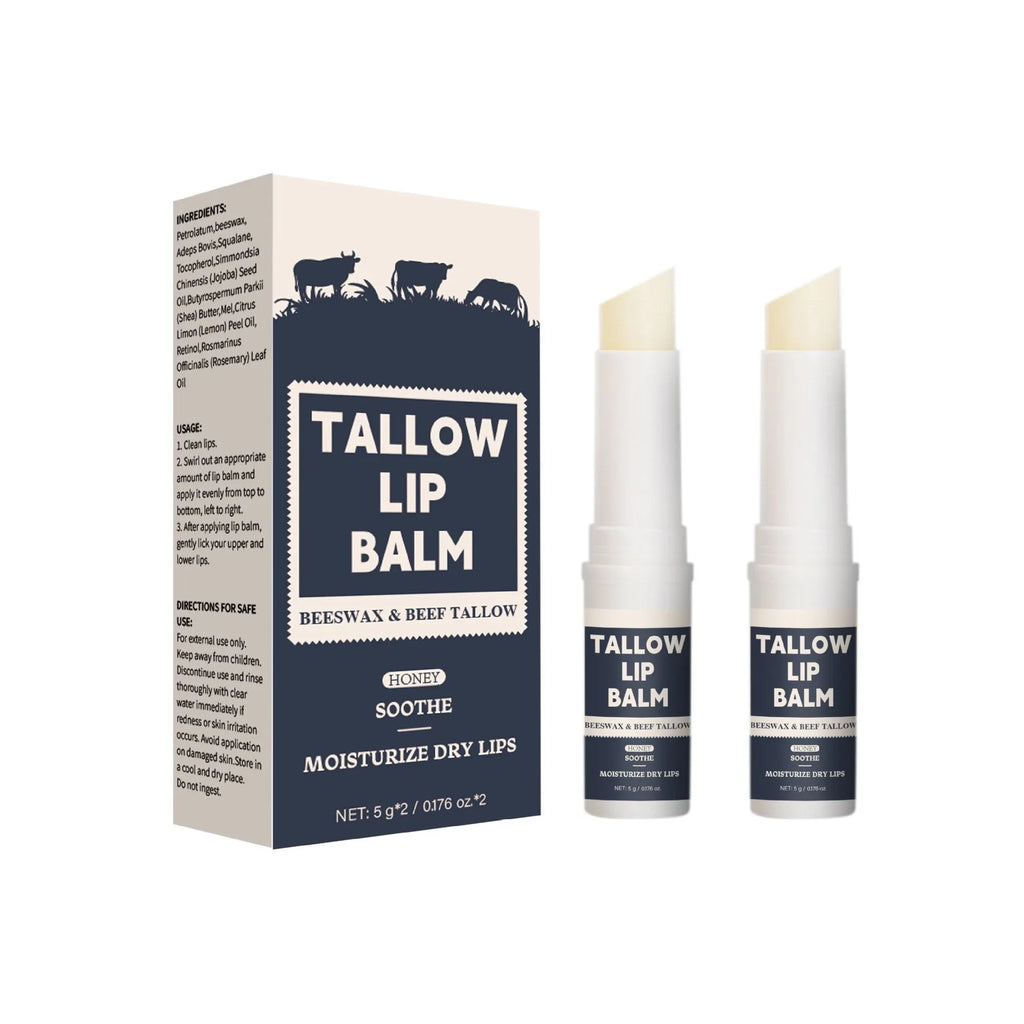 Two beef tallow lip balms with light grain texture for soft lips