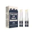 Two beef tallow lip balms with light grain texture for soft lips
