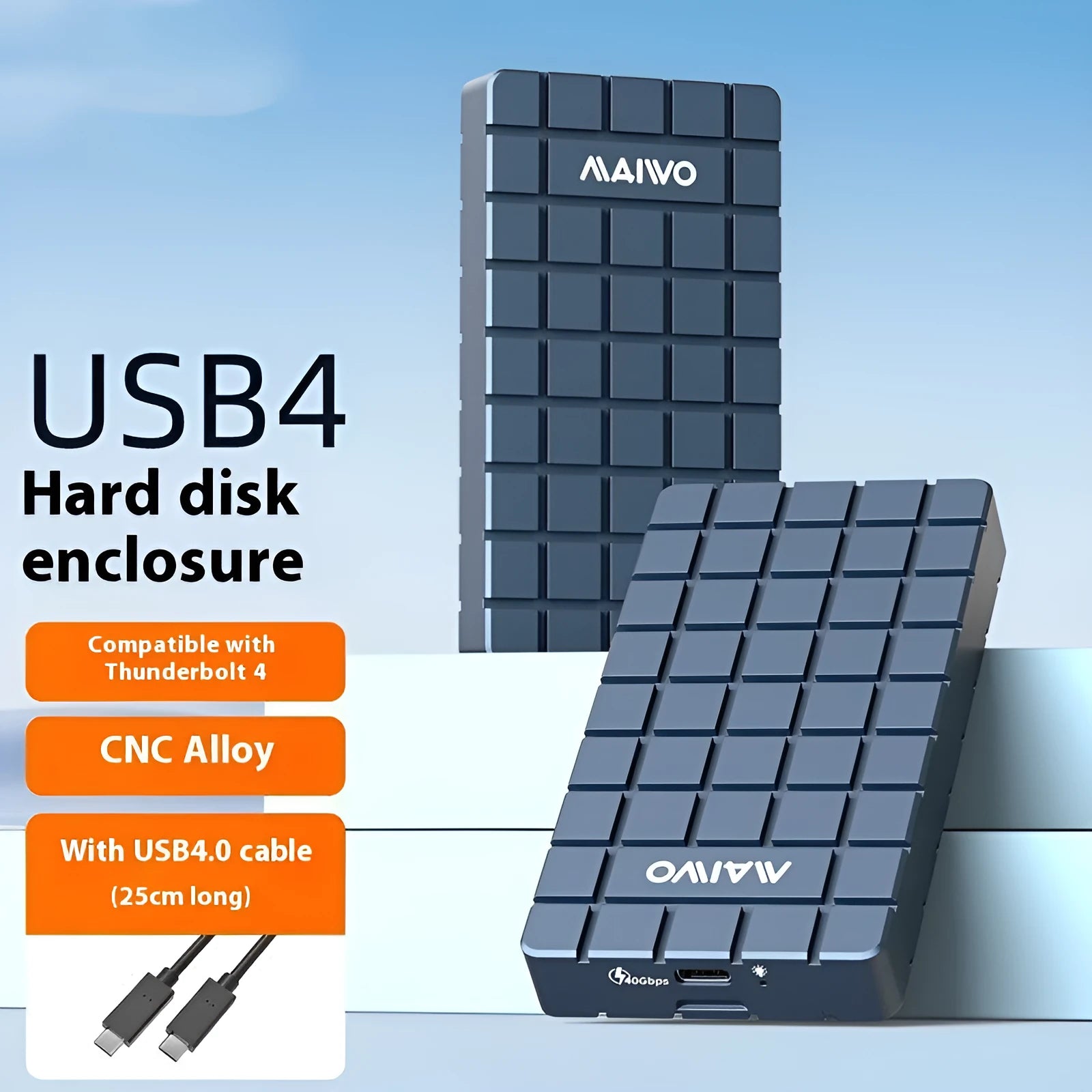 USB4 aluminium hard disk enclosure for M.2 NVMe SSDs measuring 50x118x13mm