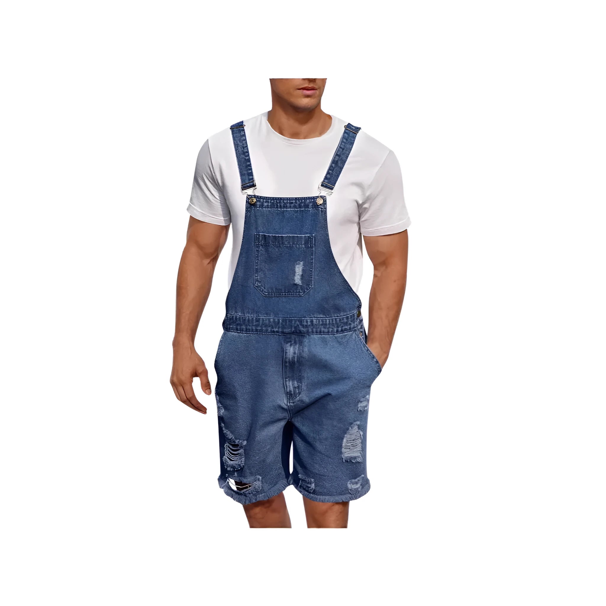 Men's ripped denim shorts in dark blue, light blue, and black with a straight-leg cut.