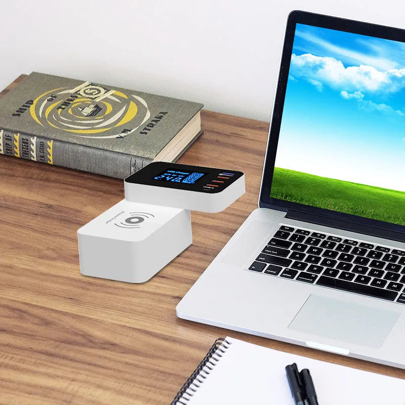 White multi USB and wireless fast charger with UK plug and international travel adaptors