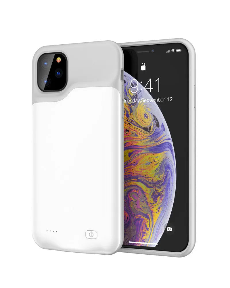 Shockproof silicone iPhone battery charger case in black, showing phone model compatibility list and high capacity rating.