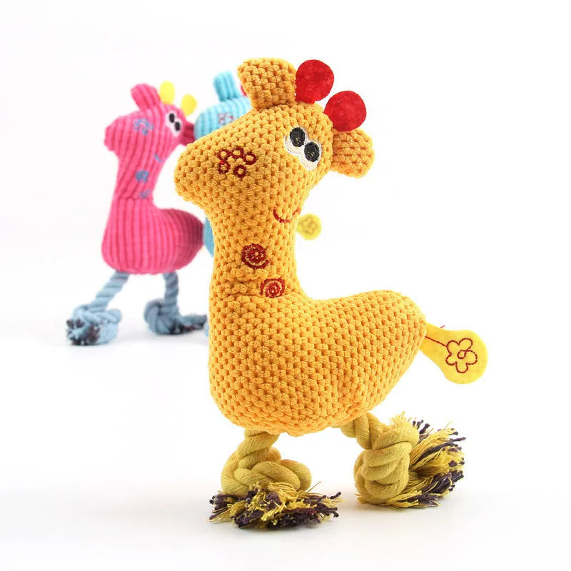 Blue deer-shaped plush dog toy with corn grain texture fabric and a squeaker inside.