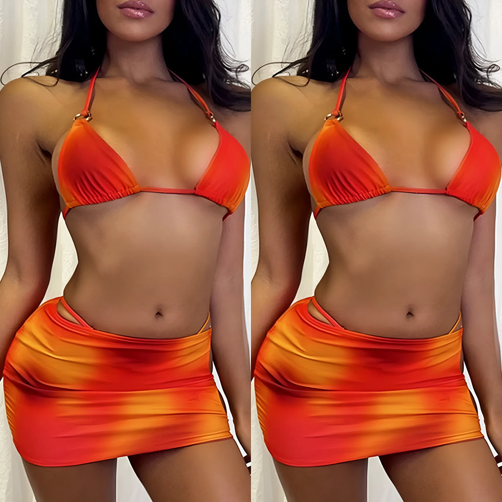Tie-dye pattern three-piece halter bikini swimwear set with skirt on hanger
