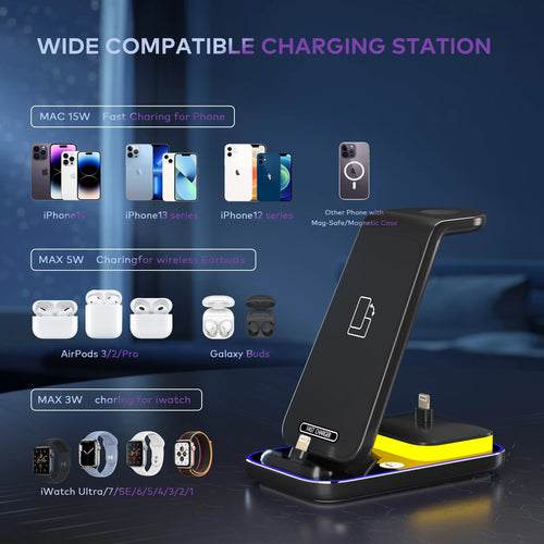 Black vertical wireless charging stand with phone, smartwatch and earbuds charging simultaneously