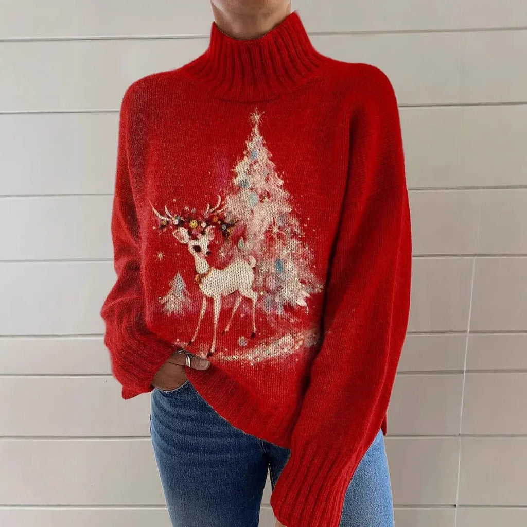Women's loose-fit Christmas printed turtleneck sweater in macaron colour on a hanger.
