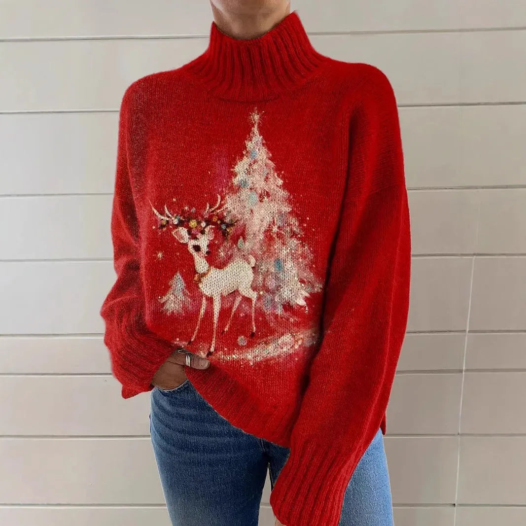 Women's loose-fit Christmas printed turtleneck sweater in macaron colour on a hanger.
