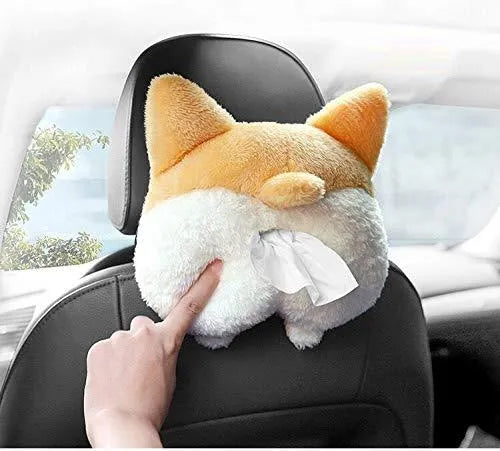 Soft yellow Corgi butt shaped tissue box cover with elastic strap for car sun visor