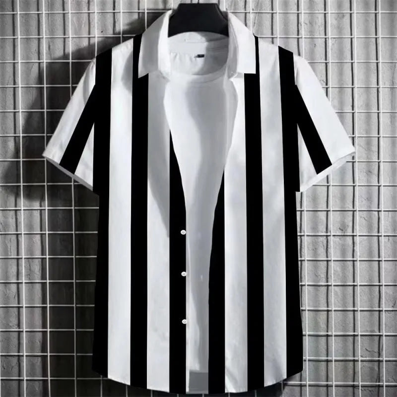 Men's striped linen short sleeve shirt with 3D printing in multiple colours and sizes