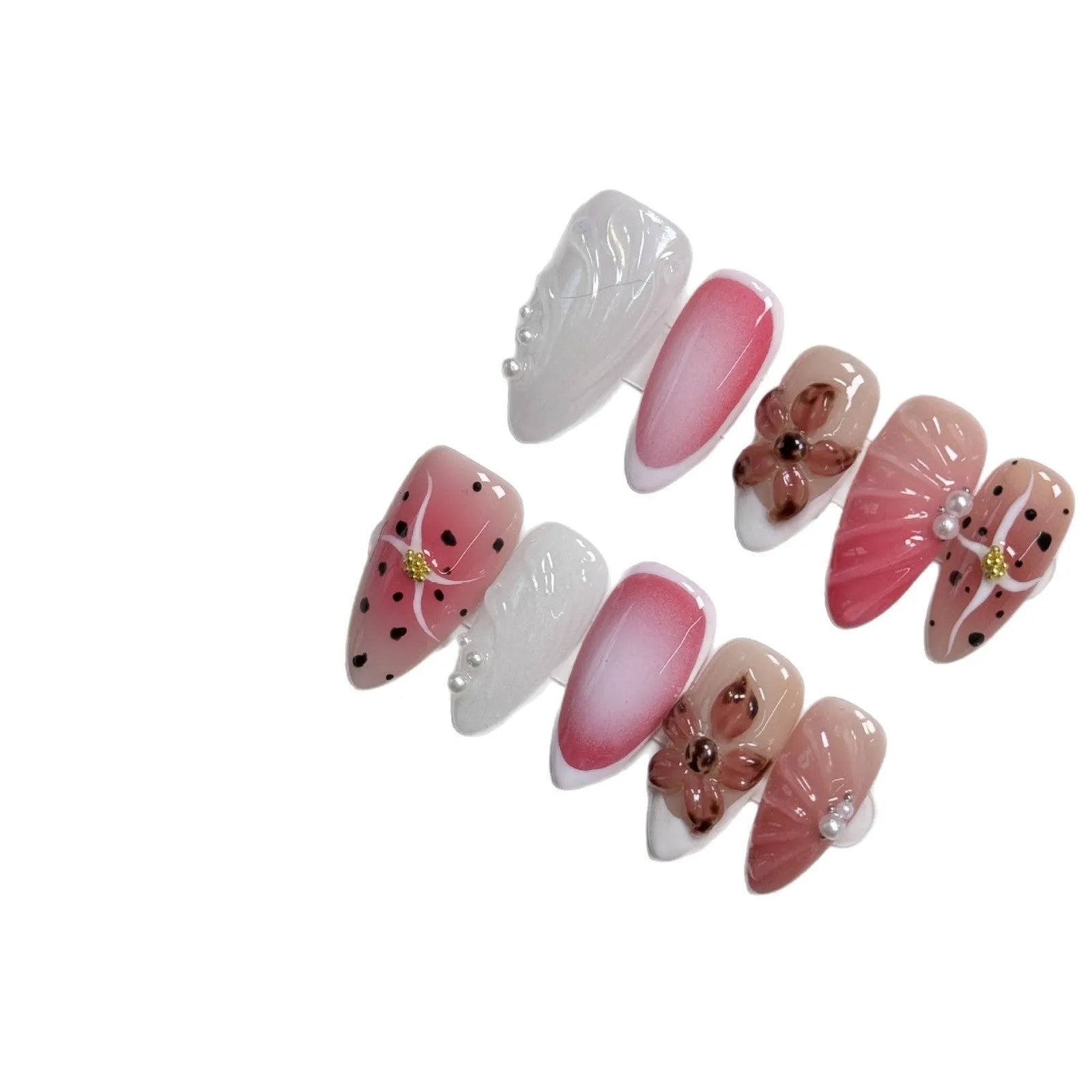 Hand-painted three-dimensional carved nail beauty patches in assorted colours and patterns.