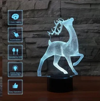 Deer 3D 7-colour touch control LED night illusion light with acrylic plate on ABS base, USB cable, fawn style