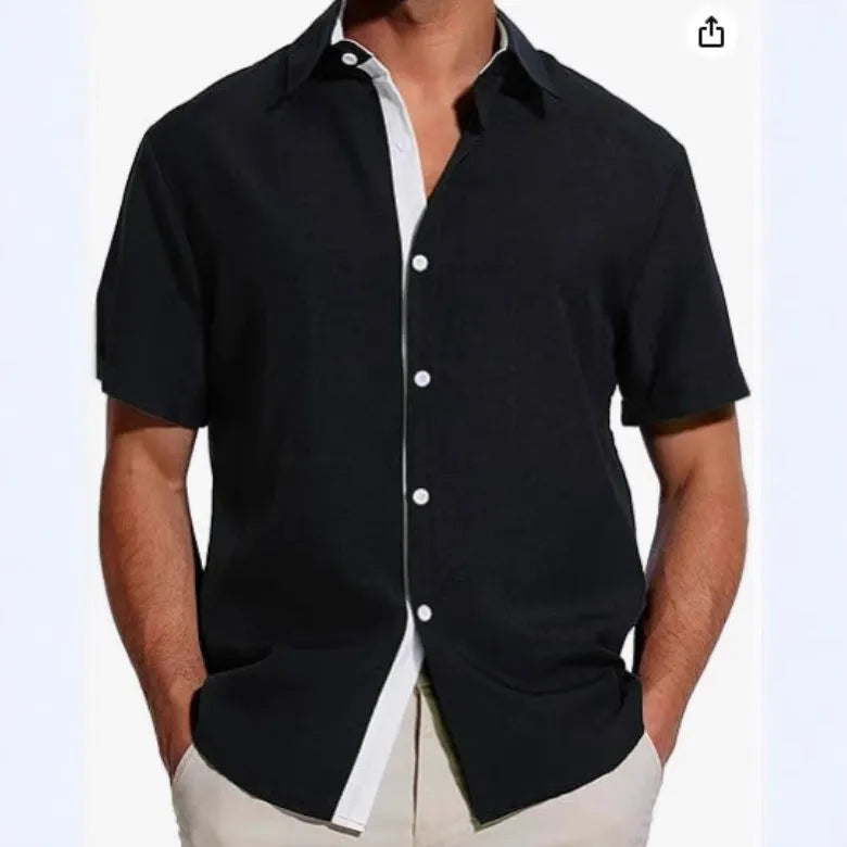 Men's short-sleeved floral print polyester shirt in grey on a hanger.