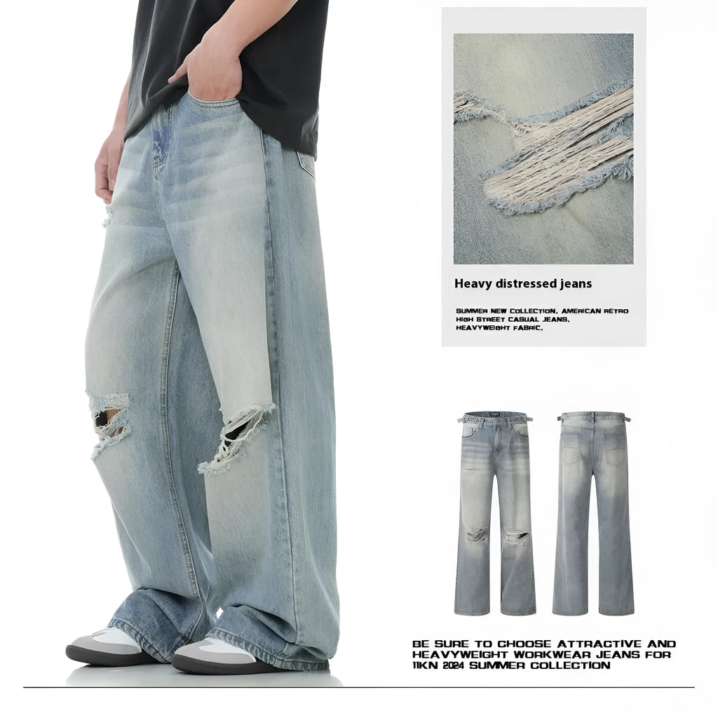 Blue straight-leg men's jeans with retro ripped detailing on cotton blend fabric