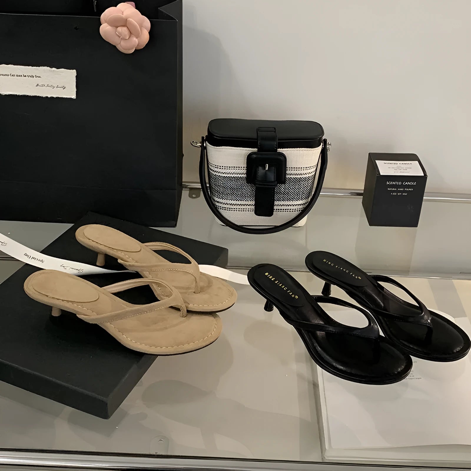 Women's round toe stiletto flip-flops in black or camel rubber sandals