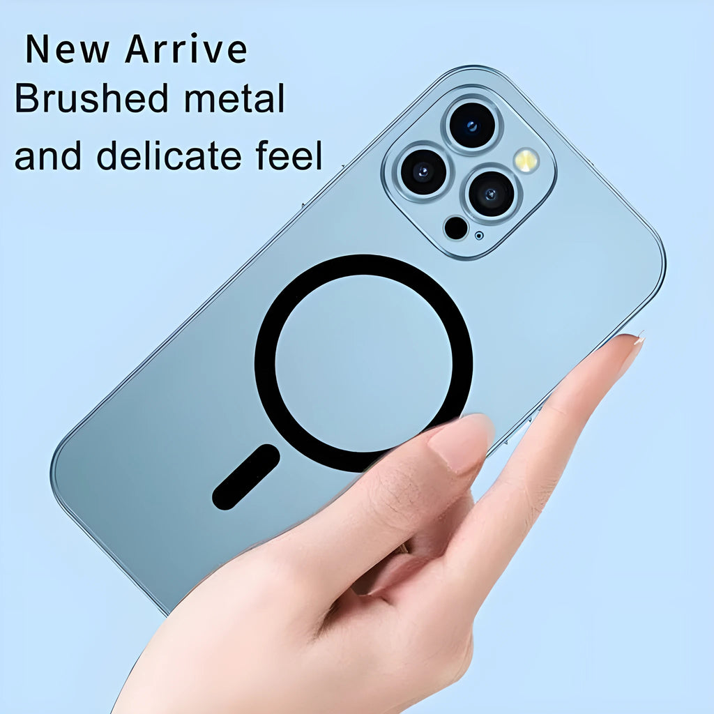 iPhone magnetic protective case with aluminium alloy frame in dark purple, blue, silver, black, and gold colour options
