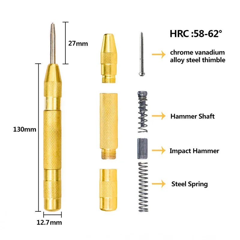 High speed steel step drill bits and centre punch set for metalworking with size markings