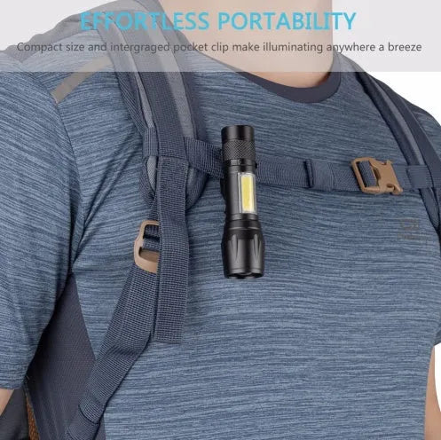 Black mini aluminium alloy telescopic LED flashlight with zoom focus and pocket clip.