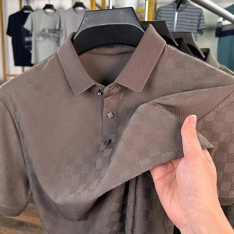 Rhombus patterned thin ice silk short sleeve T-shirt in black, showing V-neck and slit design detail.