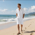 Men's white linen-blend short sleeve shirt and shorts leisure set on a hanger