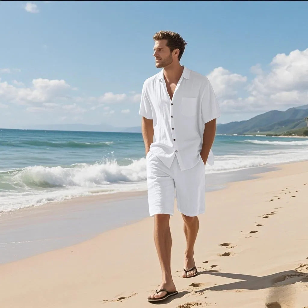 Men's white linen-blend short sleeve shirt and shorts leisure set on a hanger