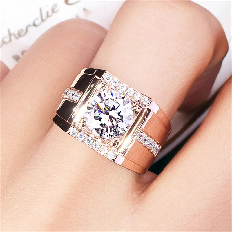 Men's adjustable open mouth ring with diamond-shaped geometric design and zircon stone centrepiece