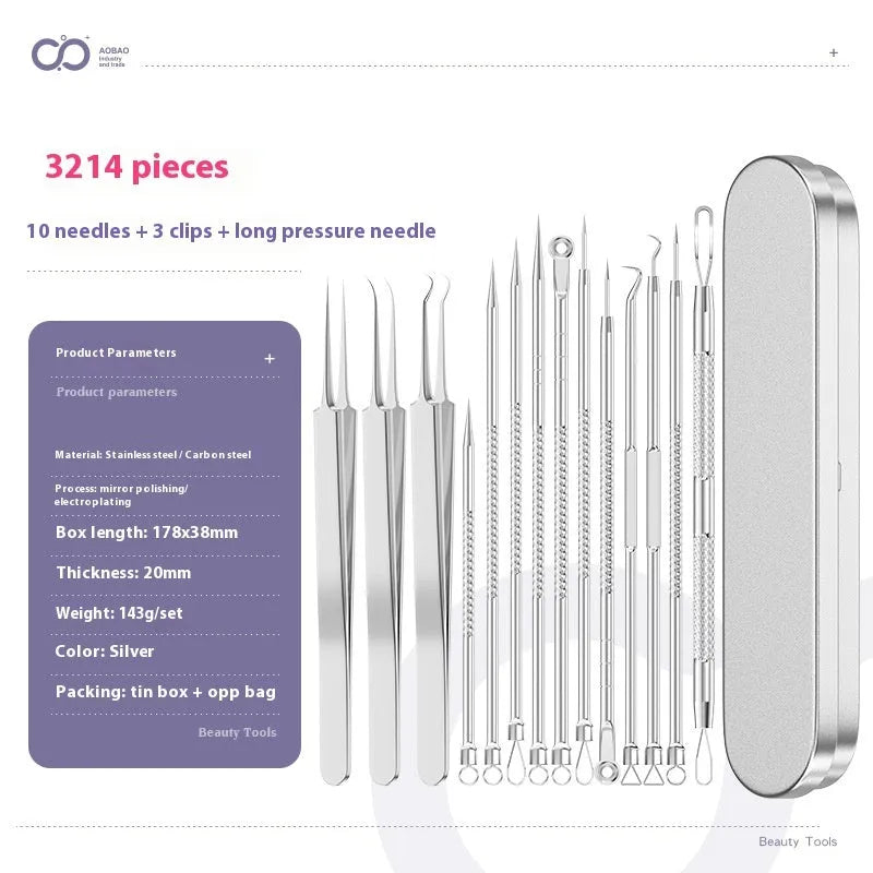 Four silver metal acne needles with pointed tips laid out on a surface.