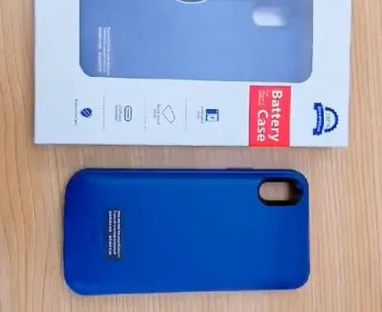 Shockproof silicone iPhone battery charger case in black, showing phone model compatibility list and high capacity rating.