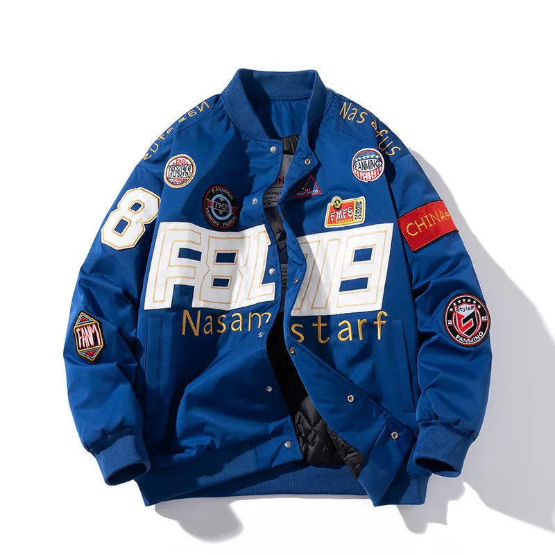 Loose-fit black motorcycle-inspired baseball jacket with side pockets on a hanger.