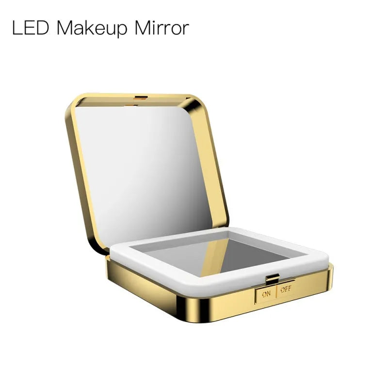 Black and white LED makeup mirror showing standard and 4x magnification sides with adjustable lighting.