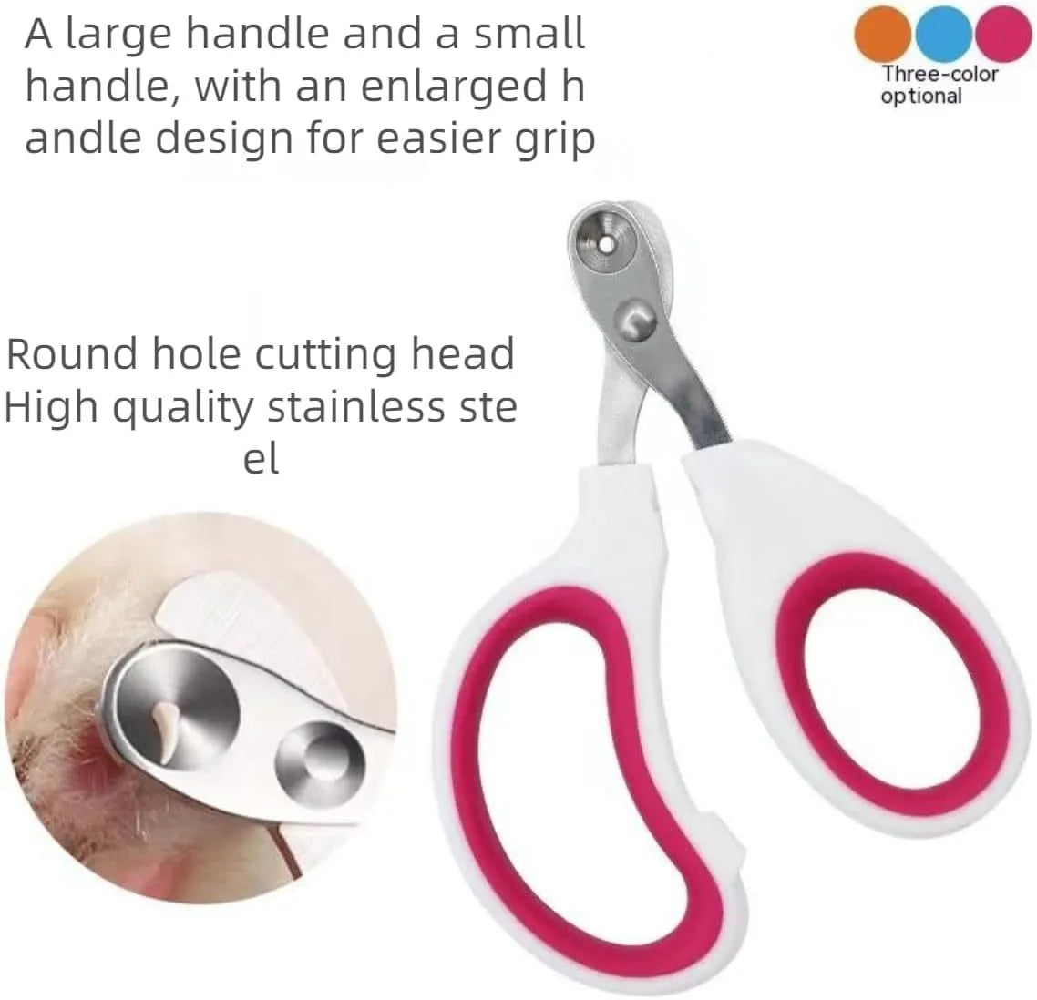 Blue cat nail clippers with circular cut hole and cushioned handle for safe pet nail trimming