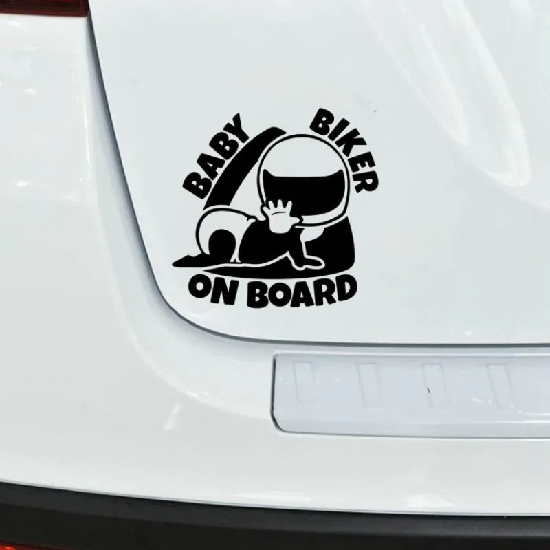 Black and white reflective BABY ON BOARD car sticker measuring 14.5 by 15 cm