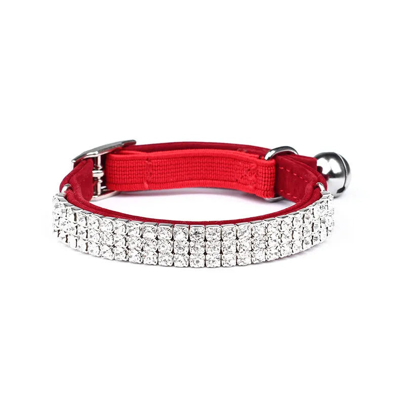 Suede velvet cat collar with rhinestone detailing showing adjustable 20-30 cm sizing