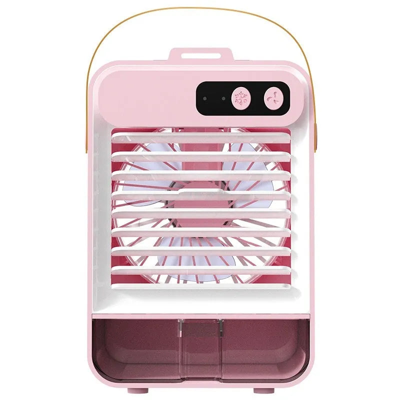 Dark green portable desktop fan with USB cable and control buttons showing compact 19x12.5x10cm dimensions