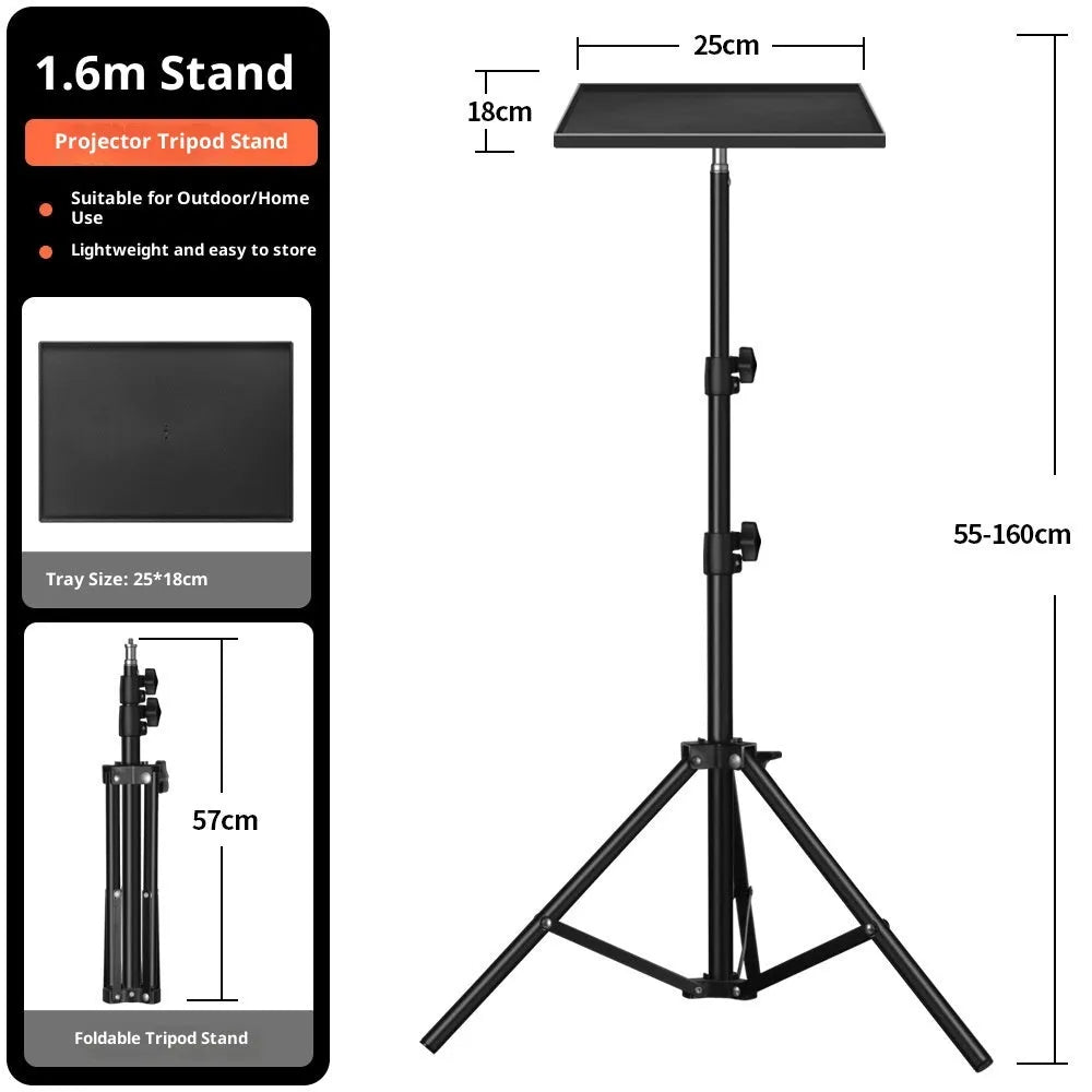 T01 projector floor tripod stand with telescopic lift and plastic tray in 1.2 metre height configuration
