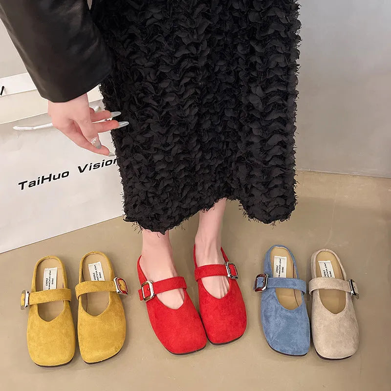 Women's flat closed toe half slippers in PU material with square toe design and rubber sole