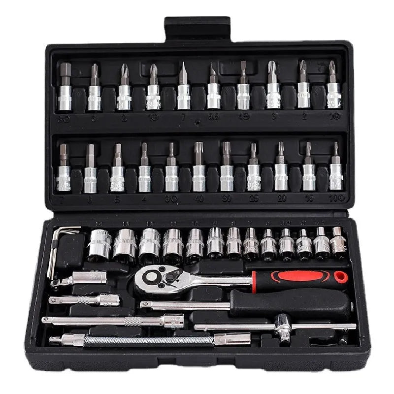 46-piece chromium vanadium steel socket ratchet wrench set with nickel-plated sockets for repair work.
