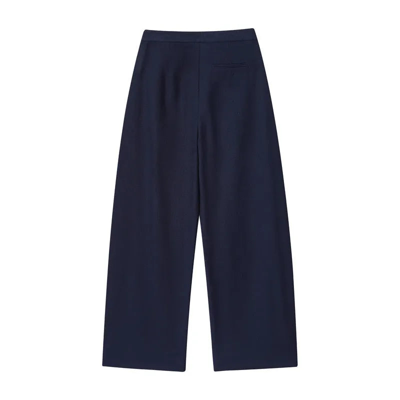 Women's linen blended shirt and wide leg trousers set with flounced sleeves in office-appropriate styling