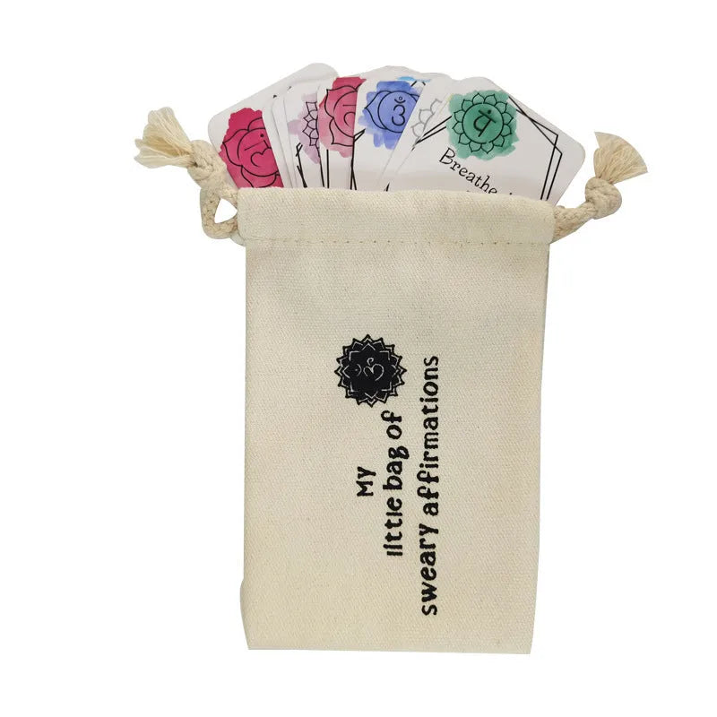 Set of 16 colourful funny affirmation cards with healing messages inside a gift card bag.