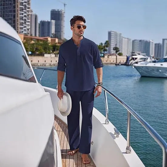 Men's solid colour casual cotton suit with long sleeve top and full-length trousers