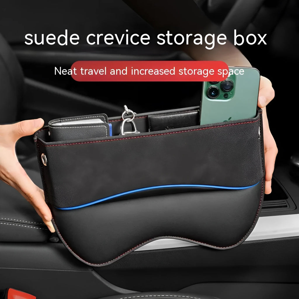 Leather car seat storage box in beige colour on a car seat.