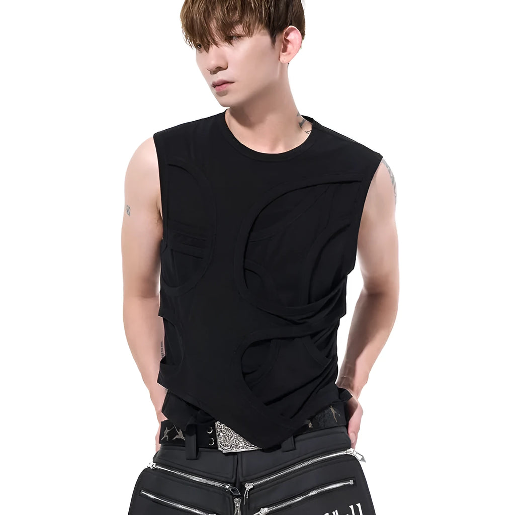 Men's solid black lyocell vest with round neck on a grey background.