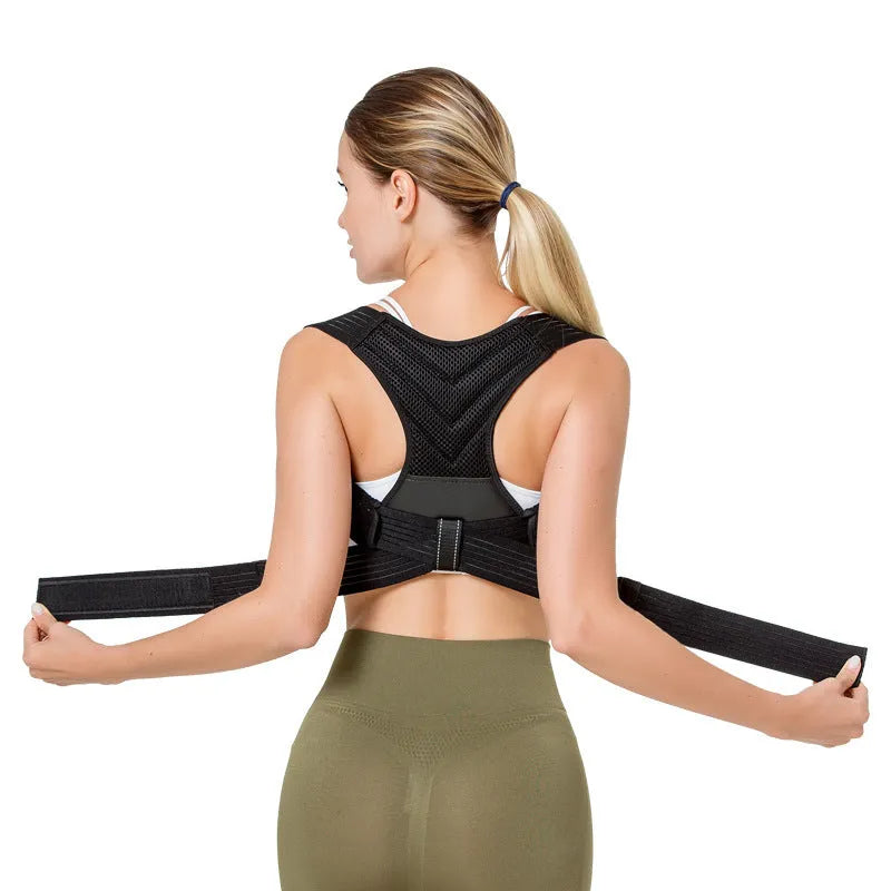 Black anti-humpback posture correction belt with open shoulder design