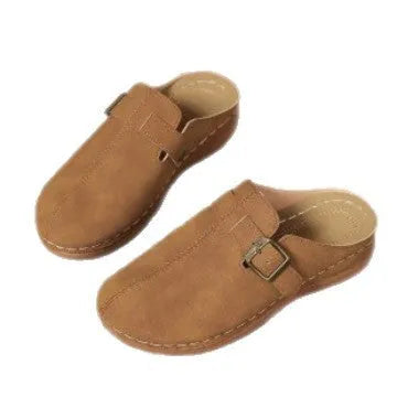 Women's casual wedge slippers with closed toe, cloth upper in multiple colours, and rubber sole.