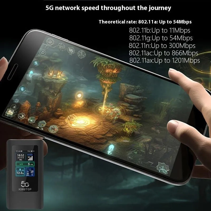 Black portable 5G Wi-Fi router with LCD screen showing connection status and battery level
