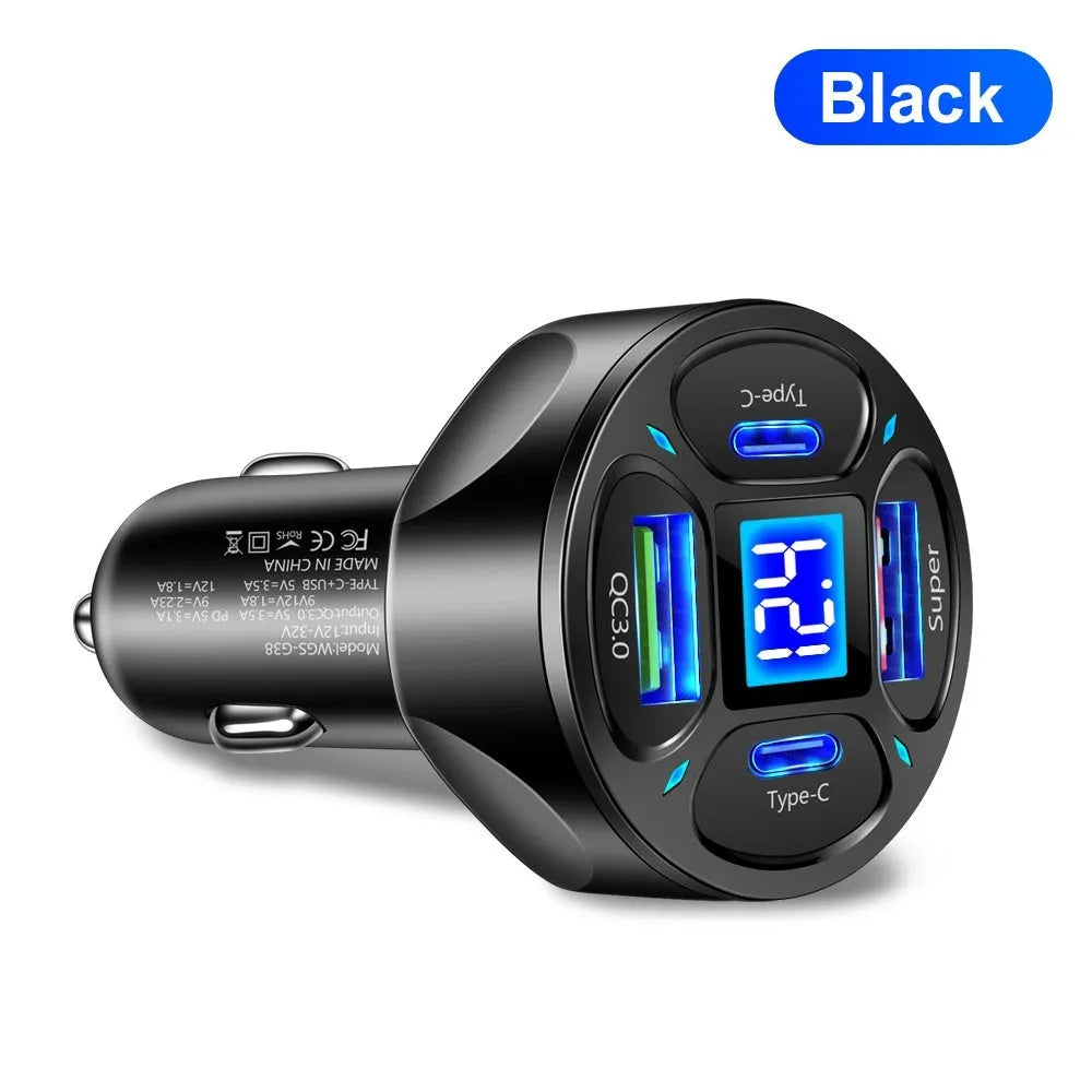 66W digital display car charger with 2 USB and 2 Type-C ports showing vehicle voltage on screen